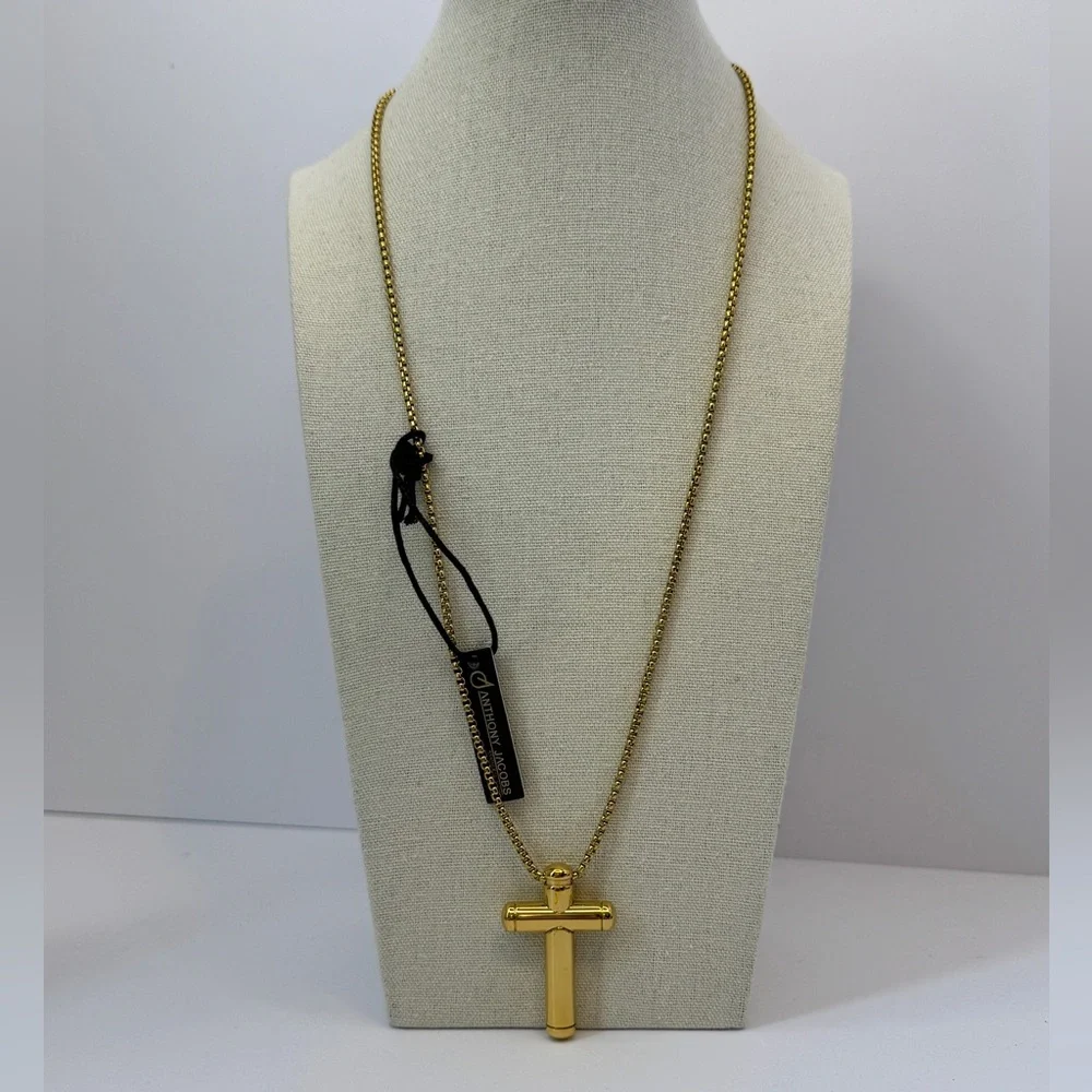 Anthony Jacobs Stainless Steel Gold Tone Cross Pendant Necklace 24”